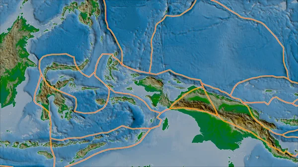 Las Placas Tectónicas Bordean Mapa Físico Las Áreas Adyacentes Área —  Fotos de Stock