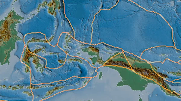 构造板块与鸟类头板区邻接区的地形图相邻 Van Der Grinten I投影 斜变换 — 图库照片