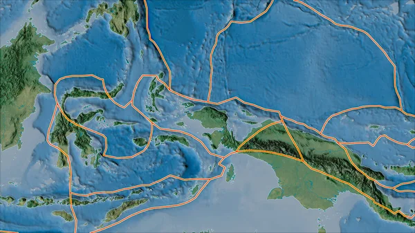 鳥頭プレート領域に隣接する領域の地形図上の構造プレートの境界 ヴァン グリンテンI予測 斜めの変換 — ストック写真