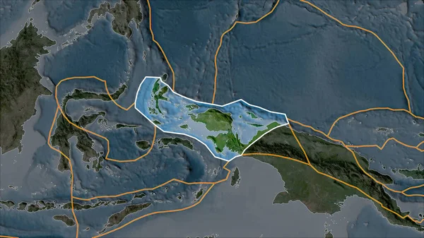 Obrysy Ptáci Tektonická Deska Hlavy Mapě Satelitu Oddělená Desaturací Přilehlých — Stock fotografie