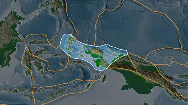 概要隣接する領域の飽和によって分離された物理的な地図上の鳥頭地殻プレート ヴァン グリンテンI予測 斜めの変換 — ストック写真