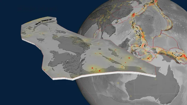 Tête Oiseau Plaque Tectonique Extrudée Présentée Contre Globe Carte Altitude — Photo