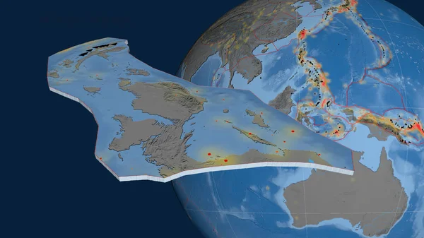 Tête Oiseau Plaque Tectonique Extrudée Présentée Contre Globe Topographie Bathymétrie — Photo