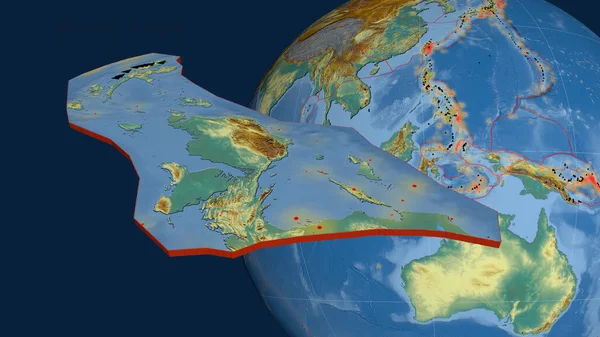 Tête Oiseau Plaque Tectonique Extrudée Présentée Contre Globe Carte Topographique — Photo