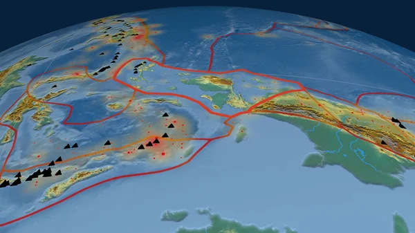 Tête Oiseau Plaque Tectonique Tracée Sur Globe Carte Topographique Relief — Photo