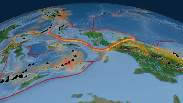 Tête Oiseau Plaque Tectonique Extrudée Sur Globe Imagerie Satellite Rendu — Photo