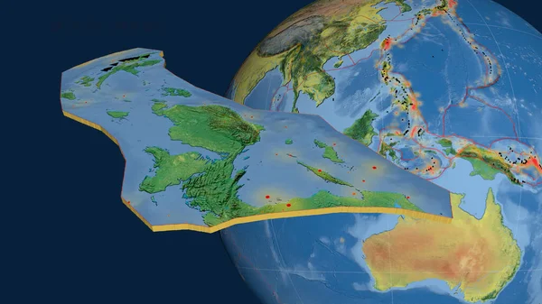 Ptáci Tektonická Deska Hlavy Protlačovala Mířila Proti Zeměkouli Topografická Mapa — Stock fotografie