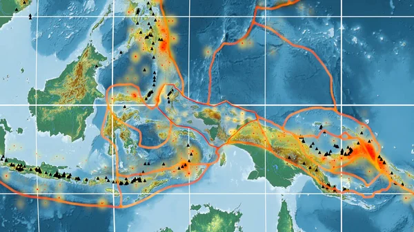 Pájaros Placa Tectónica Cabeza Delineada Mapa Topográfico Global Relieve Proyección — Foto de Stock