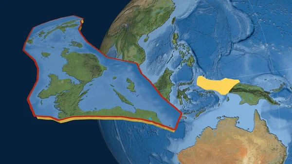 Tête Oiseau Plaque Tectonique Extrudée Présentée Contre Globe Imagerie Satellite — Photo