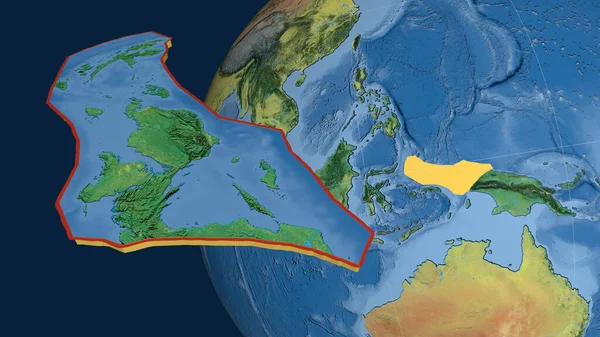 Vogels Hoofd Tektonische Plaat Geëxtrudeerd Gepresenteerd Tegen Aardbol Topografische Kaart — Stockfoto