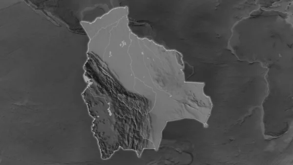 ボリビア地域はその周囲の暗い背景で拡大し 成長した グレースケール衝突高度マップ — ストック写真