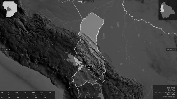 Пас Департамент Боливии Карта Масштабе Grayscaled Лаками Риверами Форма Представленная — стоковое фото