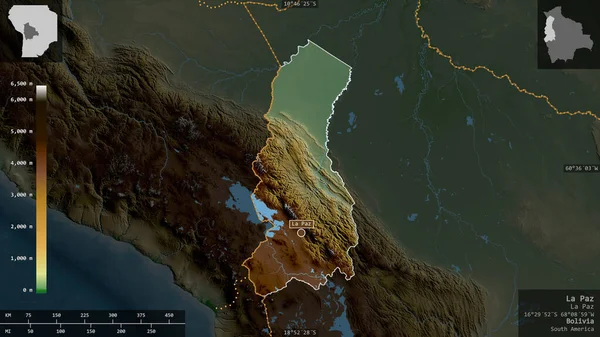 Paz Departamento Bolivia Datos Sombreado Colores Con Lagos Ríos Forma — Foto de Stock