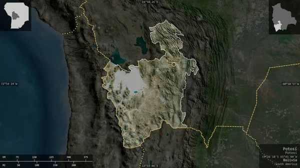 Potosi Departamento Bolívia Imagens Satélite Forma Apresentada Contra Sua Área — Fotografia de Stock