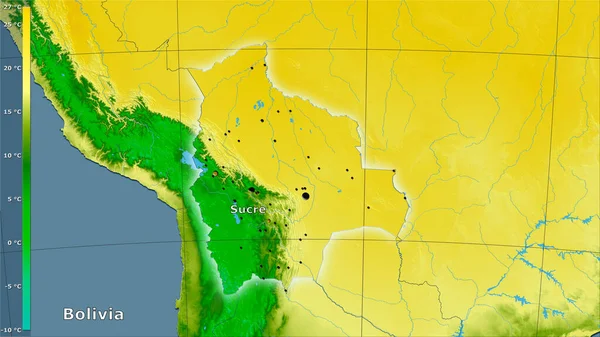 凡例付きの立体投影のボリビアエリア内で最も寒い四半期の平均気温 主な組成 — ストック写真