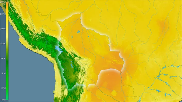 凡例付きの立体投影のボリビアエリア内で最も暖かい四半期の平均気温 光輝く輪郭を持つラスター層の生の組成 — ストック写真