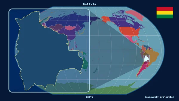 Увеличенный Вид Боливию Перспективными Линиями Против Глобальной Карты Каврайской Проекции — стоковое фото