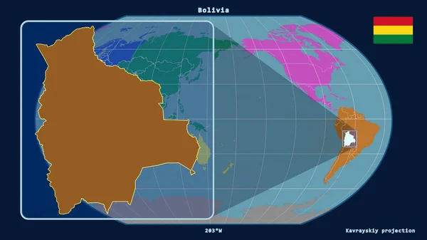 ボリビアのアウトラインを視野線で拡大し 世界地図に対するカヴァライスキー予測 左側の形 大陸のカラーマップ — ストック写真