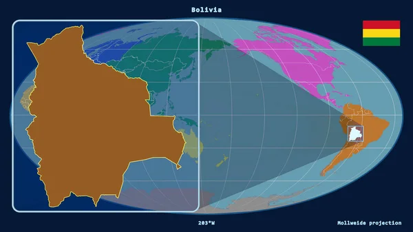 Přiblížený Pohled Bolívii Perspektivními Liniemi Proti Globální Mapě Mollweidově Projekci — Stock fotografie