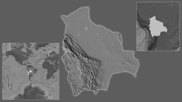 Zbliżenie Boliwii Jej Lokalizacji Regionie Centrum Dużą Skalę Światowej Mapy — Zdjęcie stockowe
