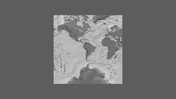 Square frame of the large-scale map of the world in an oblique Van der Grinten projection centered on the territory of Bolivia. Bilevel elevation map