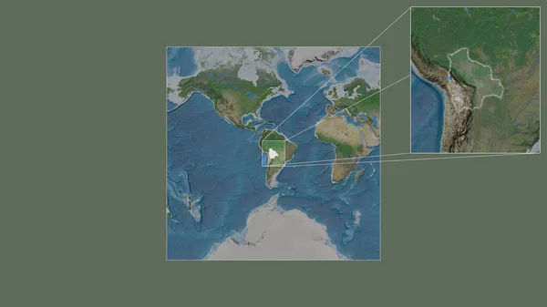 世界の大規模な地図から抽出されたボリビアの拡大拡大領域と フレームの隅を結ぶ主要線 衛星画像 — ストック写真