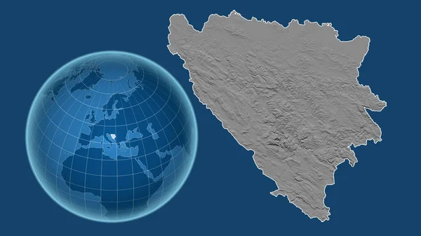 Bosna Hercegovina Globe Tvarem Země Proti Zvětšené Mapě Obrysem Izolovaným — Stock fotografie