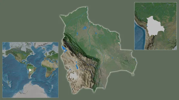 ボリビアの閉鎖と地域と大規模な世界地図の中心部に位置しています 衛星画像 — ストック写真