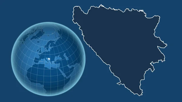 Bosnia And Herzegovina. Globe with the shape of the country against zoomed map with its outline isolated on the blue background. shapes only - land/ocean mask