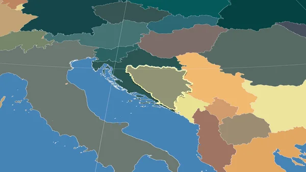 Bosna Hercegovina Její Okolí Vzdálená Šikmá Perspektiva Obrys Barevná Mapa — Stock fotografie