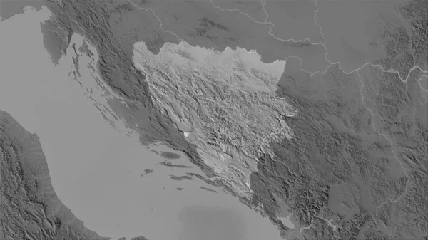 立体投影灰度比例尺高地地图上的波斯尼亚和黑塞哥维那地区 栅格层的原始组成 — 图库照片
