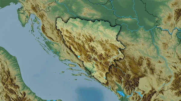 Stereografik Projeksiyondaki Topoğrafik Yardım Haritasında Bosna Hersek Bölgesi Koyu Renkli — Stok fotoğraf
