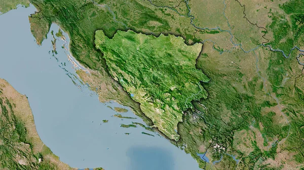 卫星C地图上立体投影中的波斯尼亚和黑塞哥维那地区 带有暗发光轮廓的栅格层的原始组成 — 图库照片