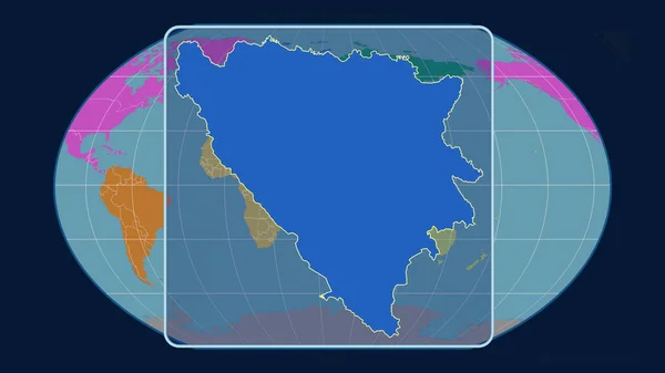 以透视线与Kavrayskiy投影中的全球地图对齐的波斯尼亚和黑塞哥维那的缩放视图 形体中心 各大洲的彩色地图 — 图库照片