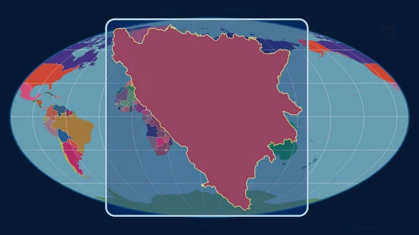 ボスニア ヘルツェゴビナを視野に入れた拡大図は モルジブの予測における世界地図に対する遠近法線で描かれている 形を中心に 行政区画のカラーマップ — ストック写真