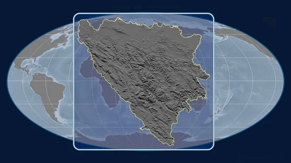 Nagyítás Bosznia Hercegovinára Perspektívákkal Mollweide Projekció Globális Térképével Szemben Alakzat — Stock Fotó