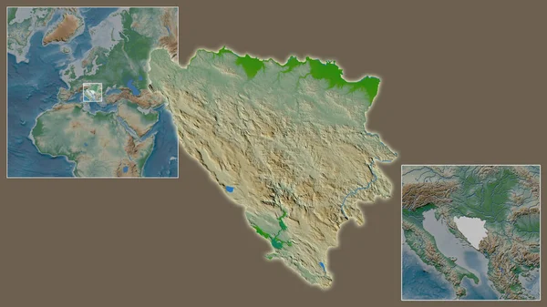 波斯尼亚和黑塞哥维那的近景及其在该区域的位置 以及在大比例尺世界地图中心的位置 彩色物理图 — 图库照片
