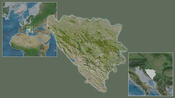 ボスニア ヘルツェゴビナのクローズアップとその地域と大規模な世界地図の中心部に位置しています 衛星画像 — ストック写真
