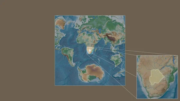 世界の大規模な地図から抽出されたボツワナの拡大 拡大地域では フレームの隅を結ぶ主要線があります 地図の色 — ストック写真