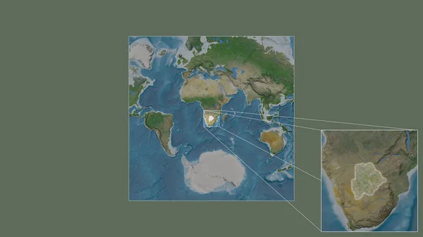 世界の大規模な地図から抽出されたボツワナの拡大 拡大地域では フレームの隅を結ぶ主要線があります 衛星画像 — ストック写真