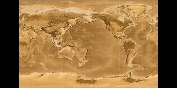 布劳恩立体投影中的世界地图以西经170度为中心 塞皮亚着色的高程图 光栅与满意的原始复合材料 3D插图 — 图库照片