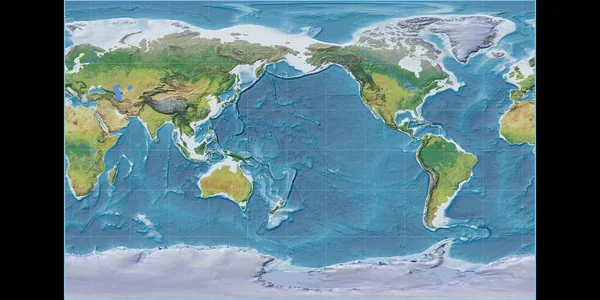 布劳恩立体投影中的世界地图以西经170度为中心 主要的自然景观特征 光栅生复合材料与满足感 3D插图 — 图库照片