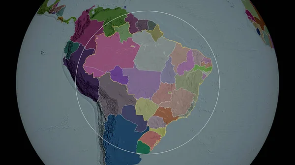 Brazil zoomed and circled. Colored and bumped map of the administrative division. 3D rendering
