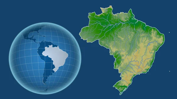 ブラジルだ 青い背景に孤立した輪郭を持つ拡大地図に対して 国の形をした球体 色物理図 — ストック写真
