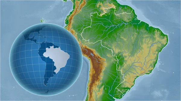 Brazil. Globe with the shape of the country against zoomed map with its outline. color physical map