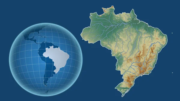 Brazil Globe Shape Country Zoomed Map Its Outline Isolated Blue — Stock Photo, Image