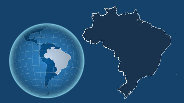 Brazil. Globe with the shape of the country against zoomed map with its outline isolated on the blue background. shapes only - land/ocean mask