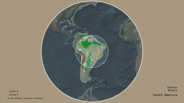 Plocha Brazílie Označená Kruhem Rozsáhlé Mapě Kontinentu Izolované Odumřelém Pozadí — Stock fotografie