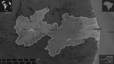 Paraiba, Brezilya eyaleti. Gölleri ve nehirleri olan gri tonlu bir harita. Ülke alanına karşı bilgilendirici örtülerle sunulan şekil. 3B görüntüleme