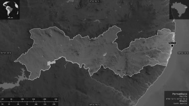Pernambuco, Brezilya eyaleti. Gölleri ve nehirleri olan gri tonlu bir harita. Ülke alanına karşı bilgilendirici örtülerle sunulan şekil. 3B görüntüleme